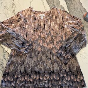 Ombré Feather Print Long Sleeve Top Large